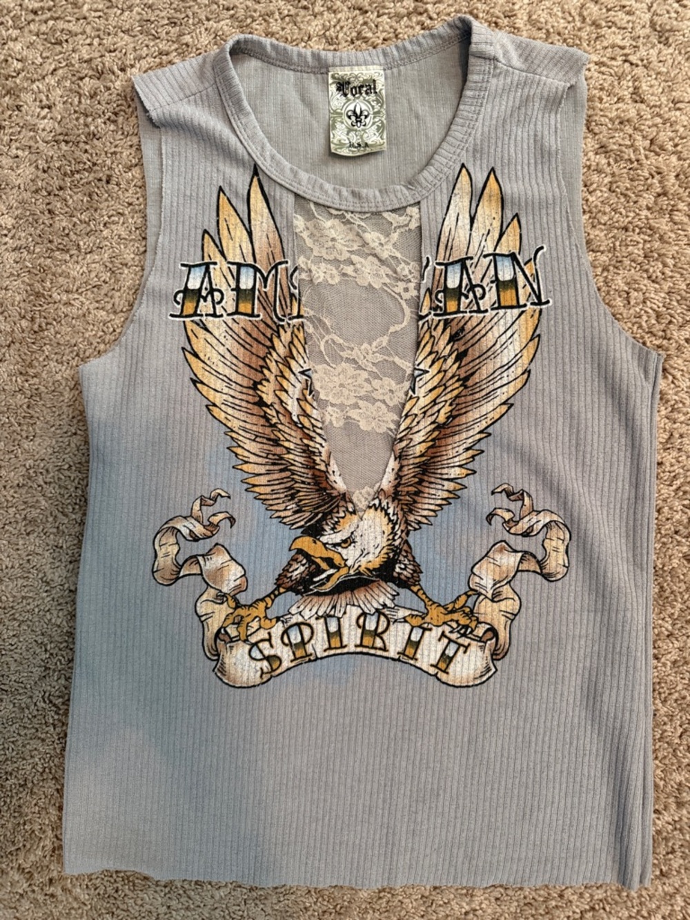 Vocal Gray Tank Top with Eagle Graphic and Lace V-Inset